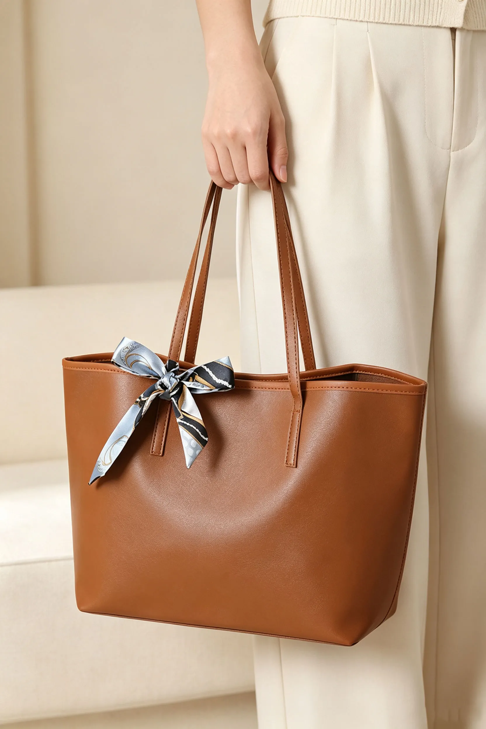 Chestnut PU Leather Tote Bag with Ribbon Knot Detail