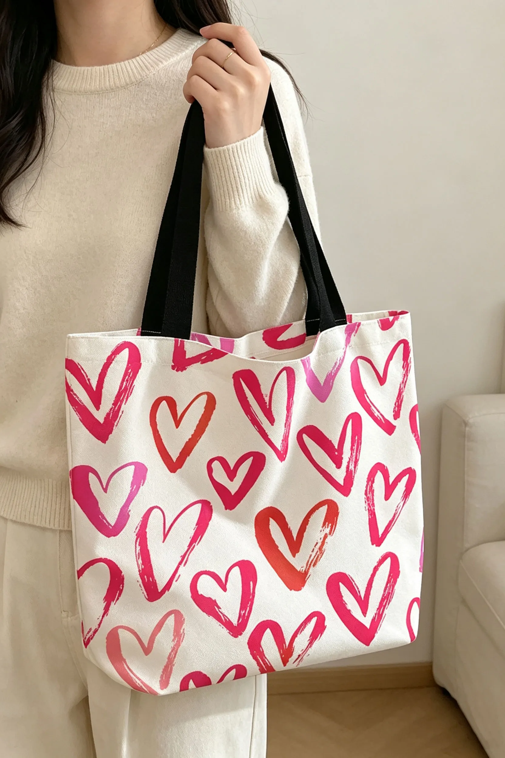 Bright Pink Heart Print Canvas Tote Bag