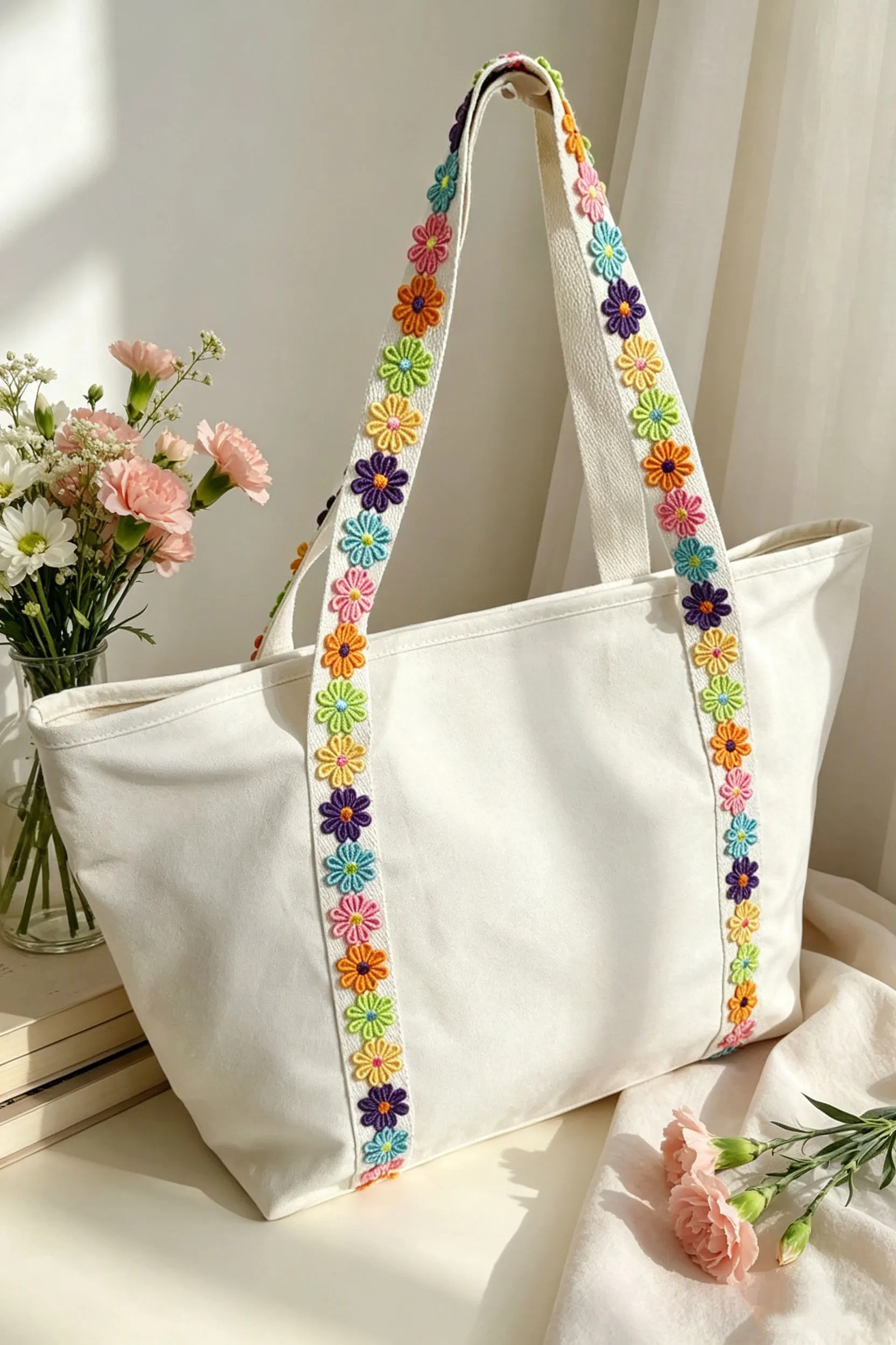 White Canvas Tote Bag with Embroidered Floral Strap
