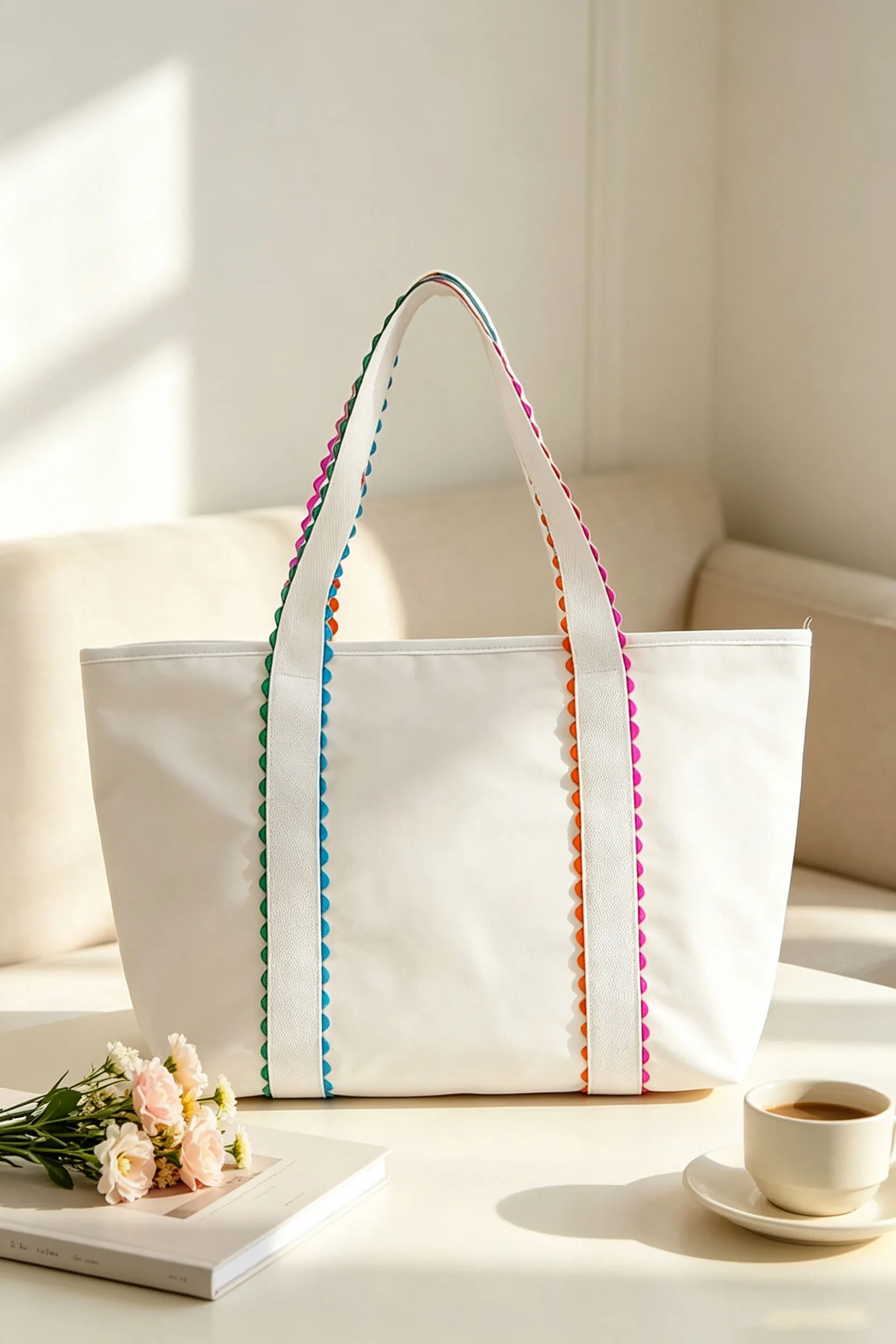 White Patchwork Canvas Tote Bag with Ricrac Trim