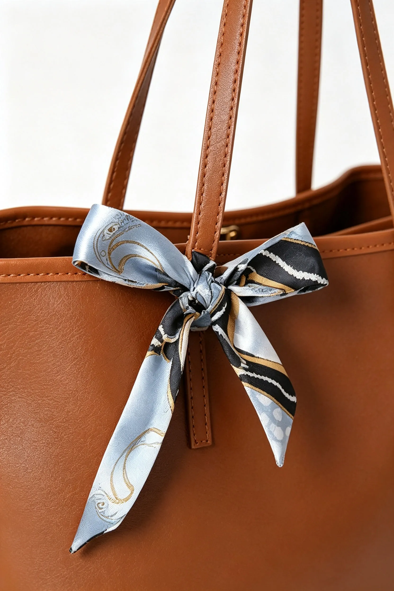 Chestnut PU Leather Tote Bag with Ribbon Knot Detail