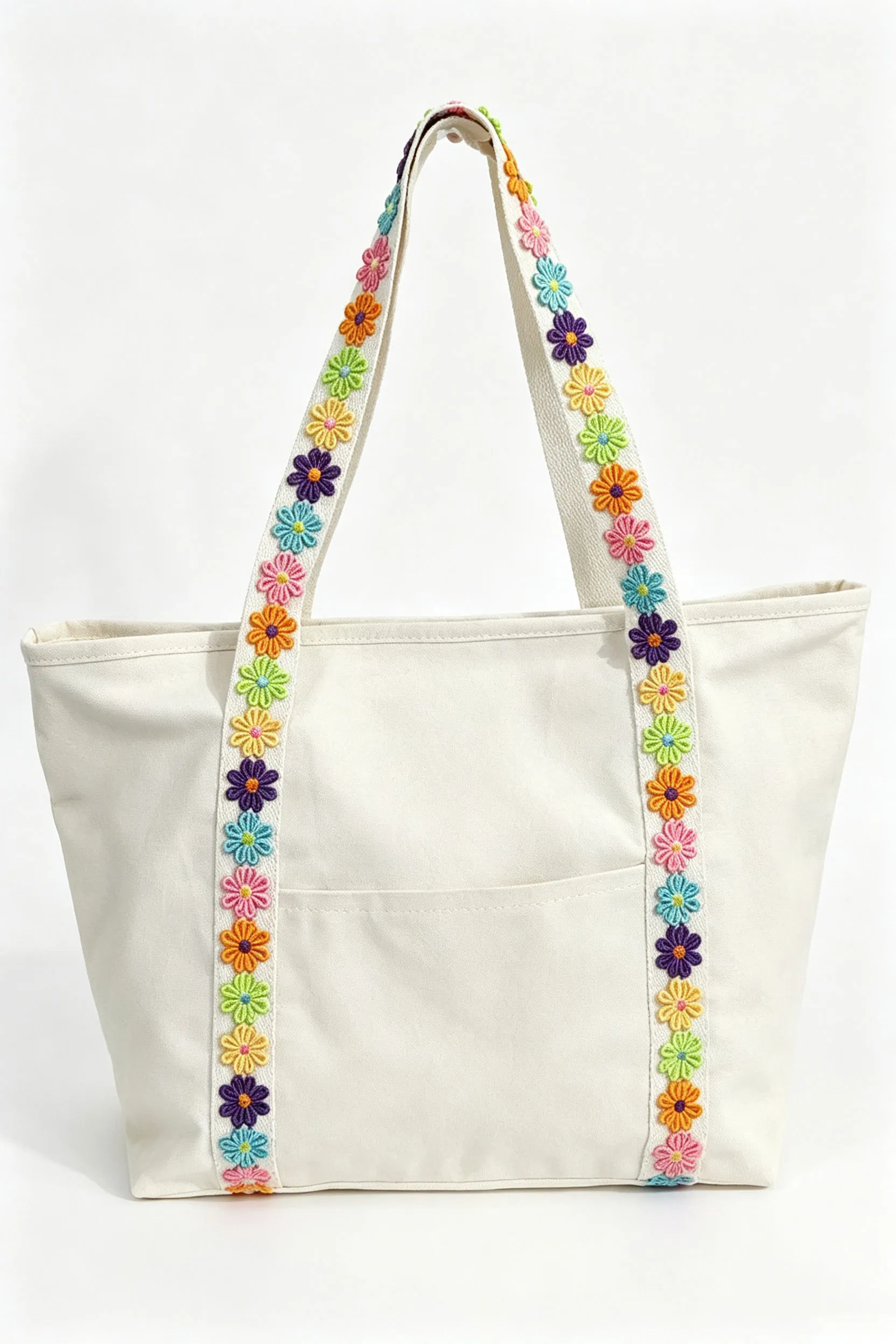 White Canvas Tote Bag with Embroidered Floral Strap