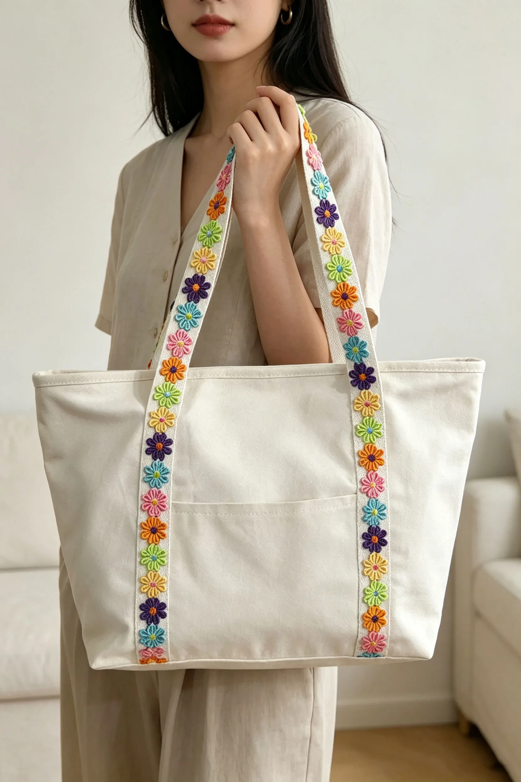 White Canvas Tote Bag with Embroidered Floral Strap
