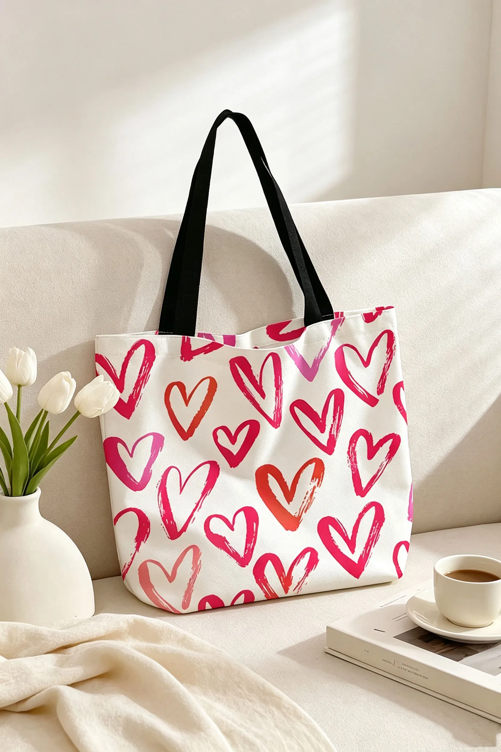 Bright Pink Heart Print Canvas Tote Bag