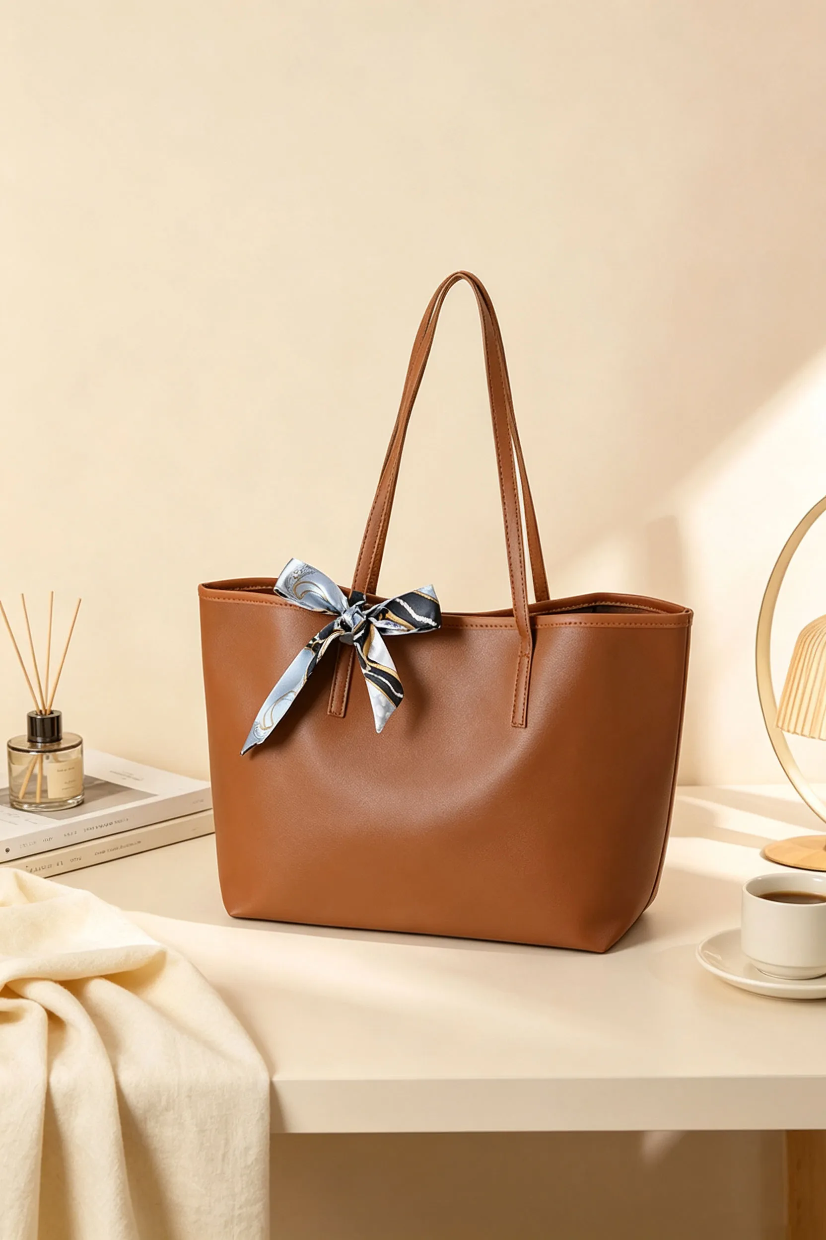 Chestnut PU Leather Tote Bag with Ribbon Knot Detail