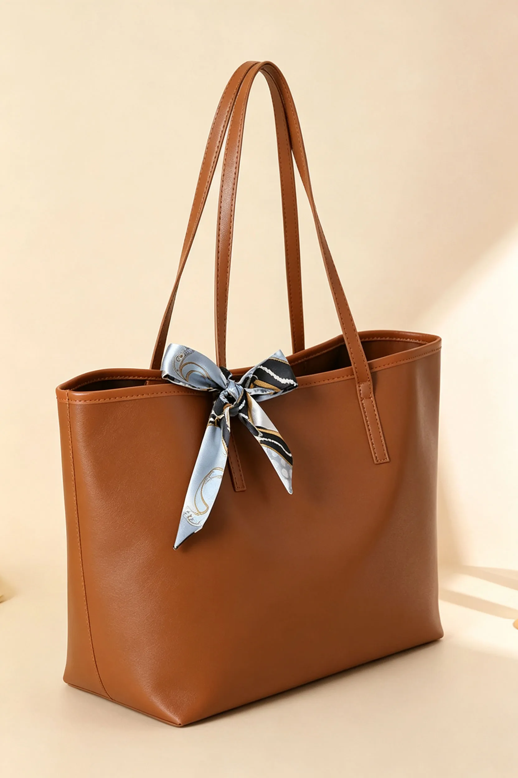 Chestnut PU Leather Tote Bag with Ribbon Knot Detail